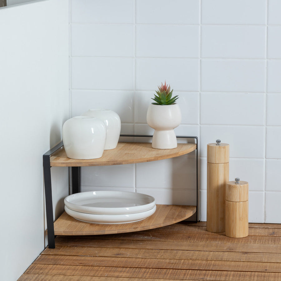 Étagère d’Angle 2 Niveaux – Bambou & Acier