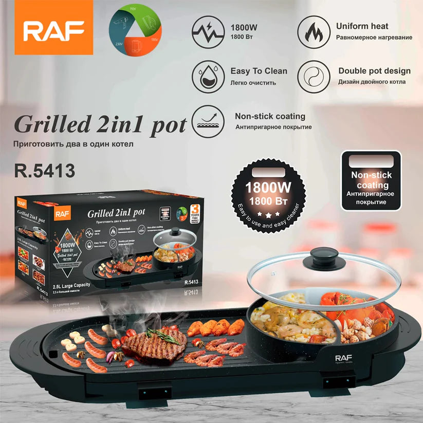 Grillé Électrique RAF 2 en 1 – Gril et Pot pour Barbecue Antiadhésif 1800W