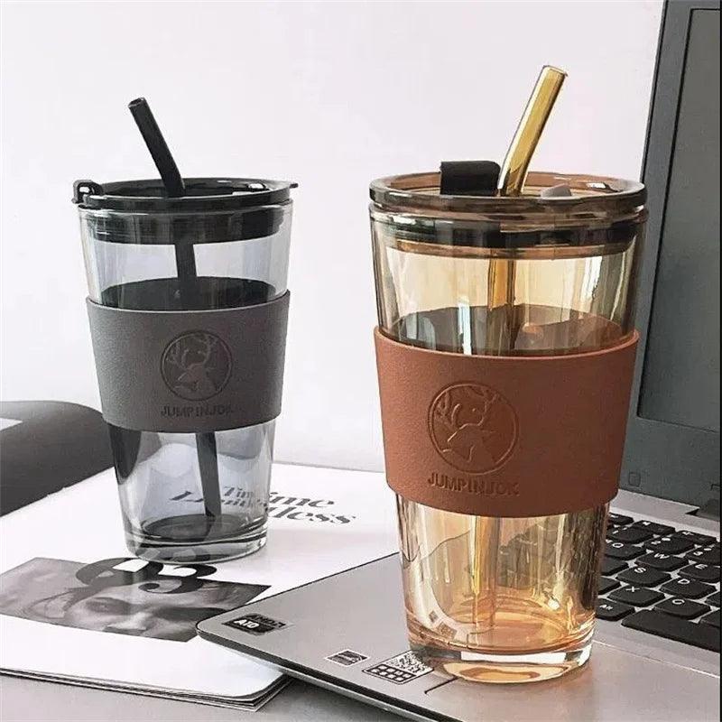 Gobelet à Café en Verre avec Paille et Couvercle