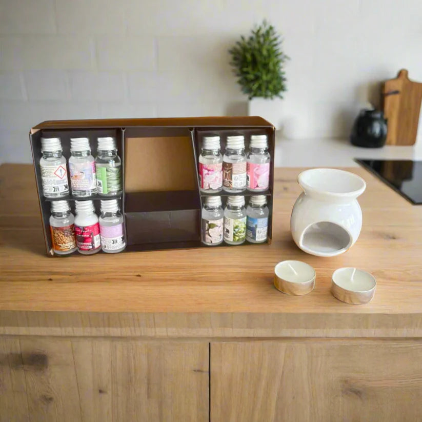 Coffret Aromathérapie Complet – 12 Huiles Parfumées + Brûleur Céramique + Bougies