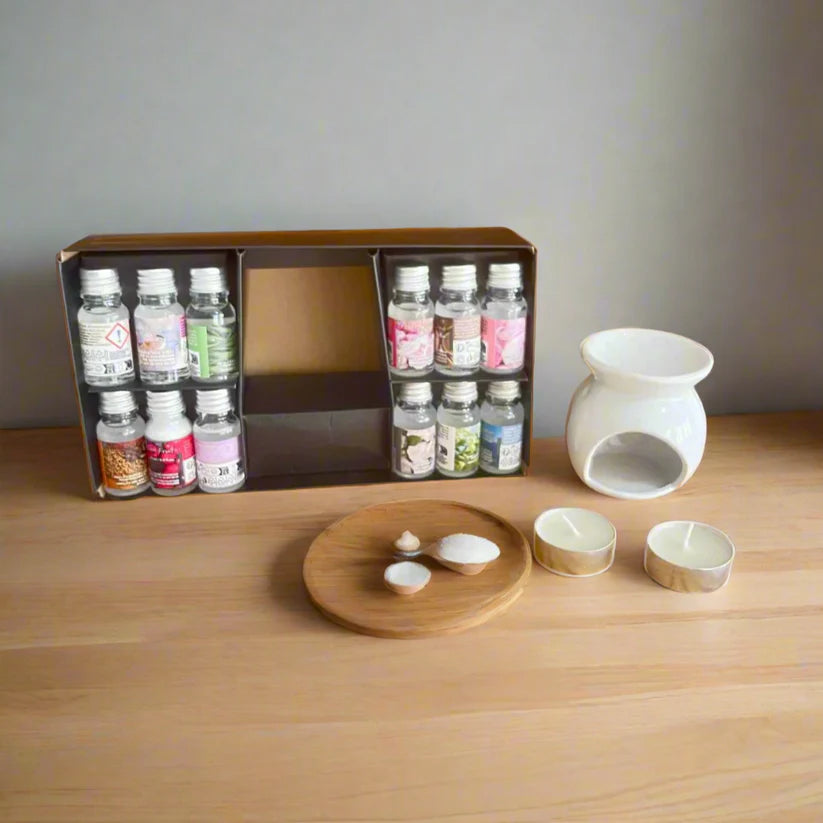 Coffret Aromathérapie Complet – 12 Huiles Parfumées + Brûleur Céramique + Bougies