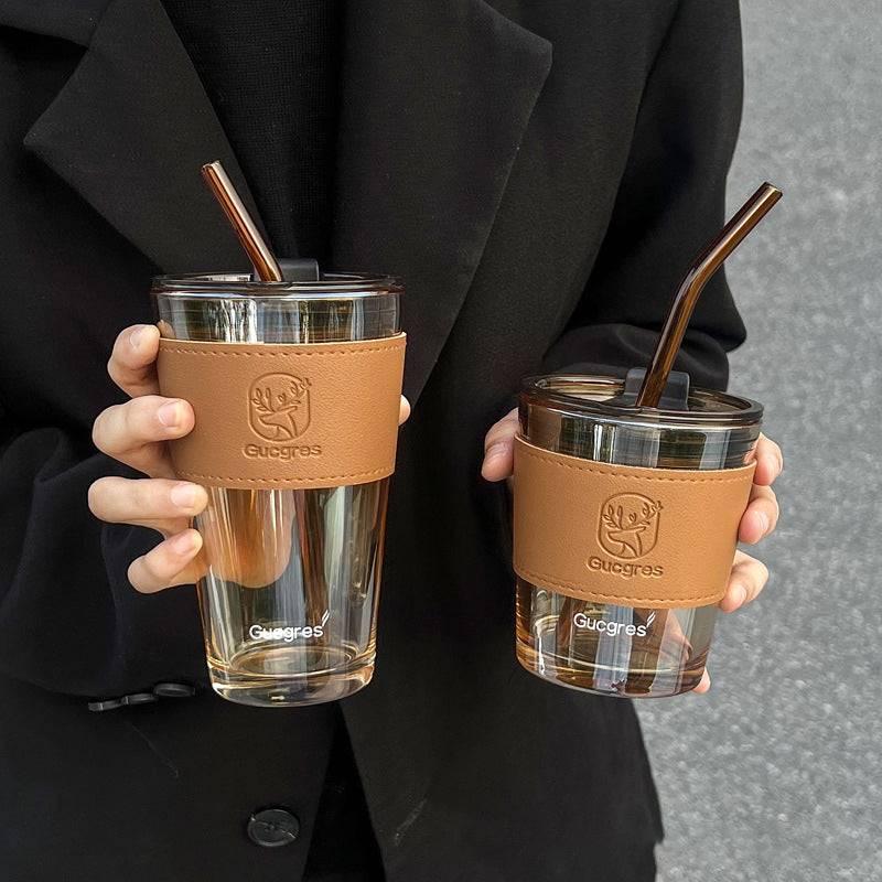 Gobelet à Café en Verre avec Paille et Couvercle