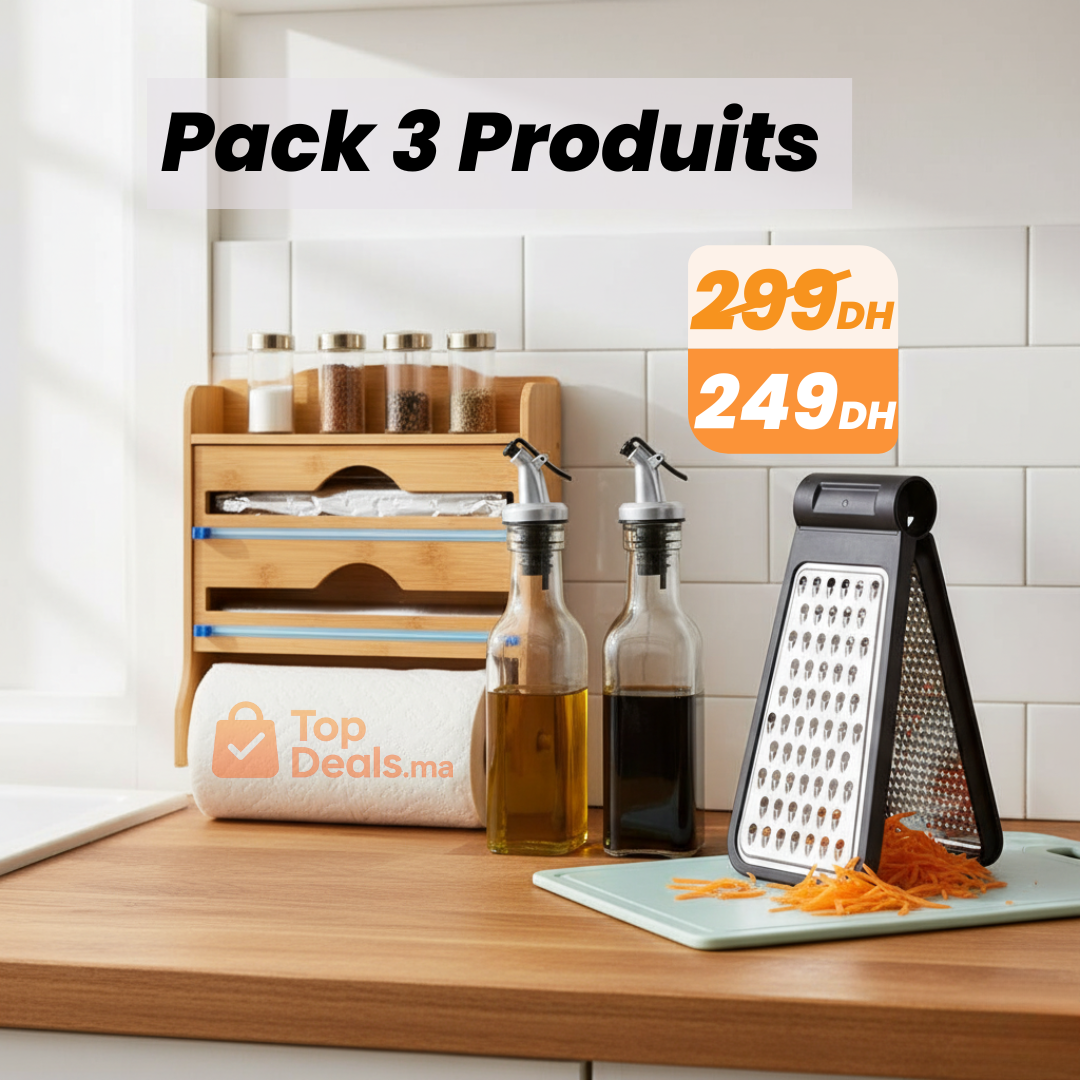 Pack Cuisine Pratique – Râpe, Bouteilles Huile & Vinaigre et Distributeur 3-en-1