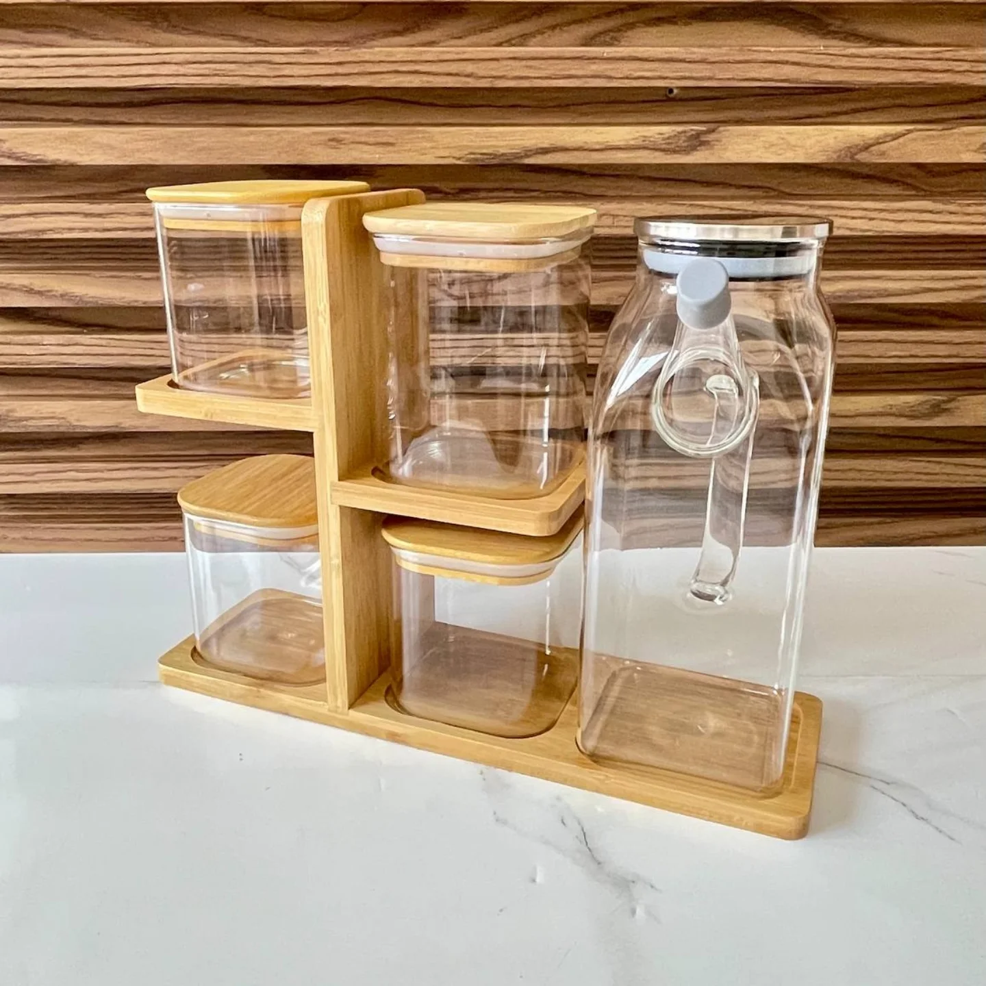 Set Bambou 4 Bocaux + Bouteille à Huile en Verre