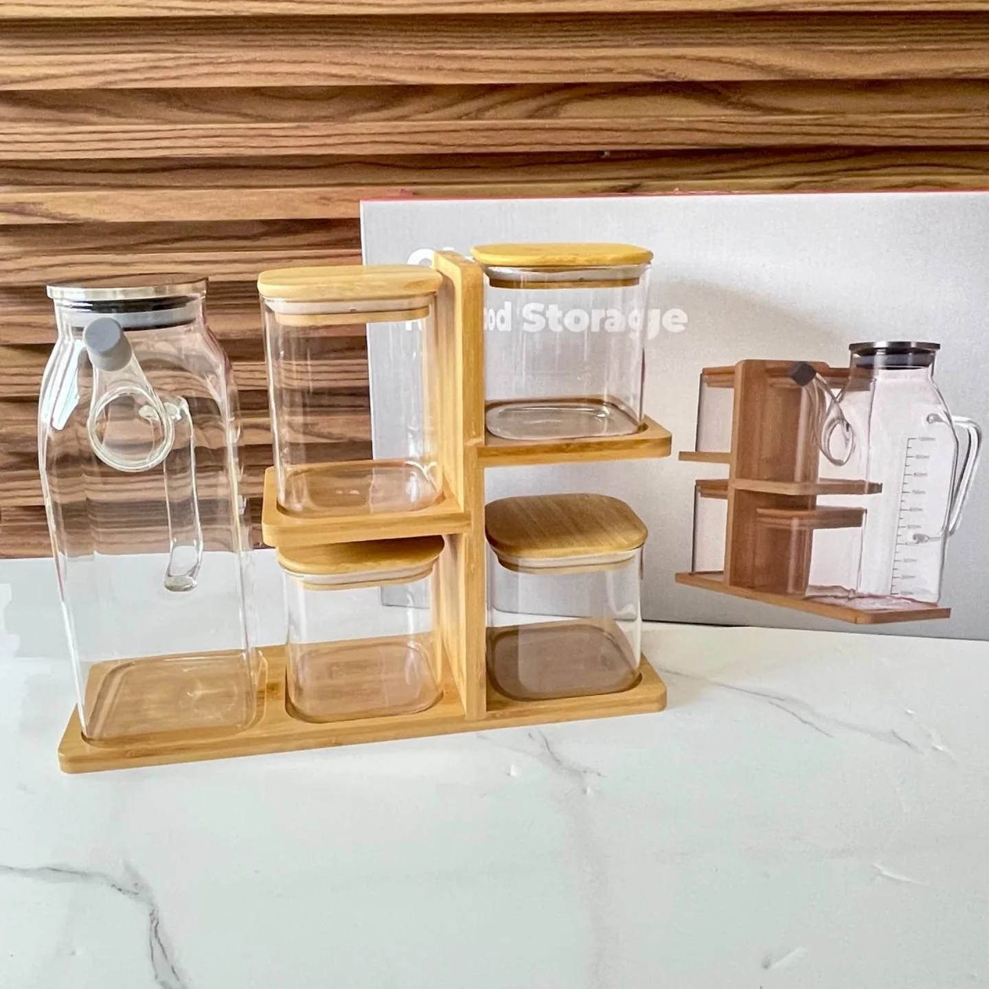 Set Bambou 4 Bocaux + Bouteille à Huile en Verre