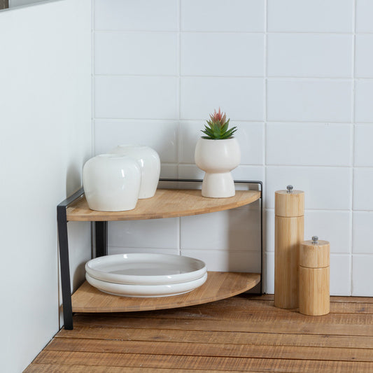 Étagère d’Angle 2 Niveaux – Bambou & Acier