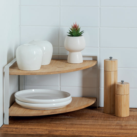 Étagère d’Angle 2 Niveaux – Bambou & Acier