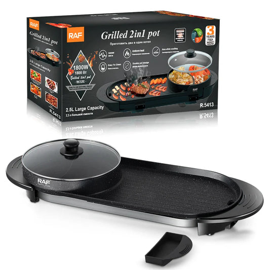 Grillé Électrique RAF 2 en 1 – Gril et Pot pour Barbecue Antiadhésif 1800W