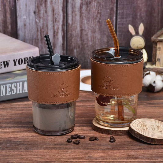 Gobelet à Café en Verre avec Paille et Couvercle