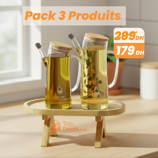 Pack de 2 Bouteilles à Huile (700 ml & 1 L) avec Support en Bambou