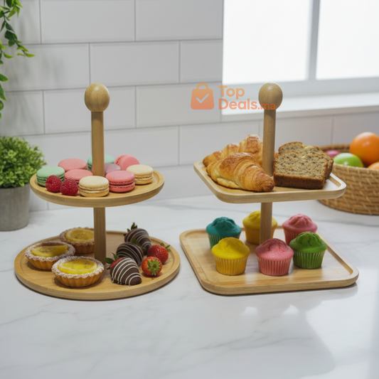 Plateau Décoratif Carré en Bambou – 2 Niveaux avec Poignée en Bois
