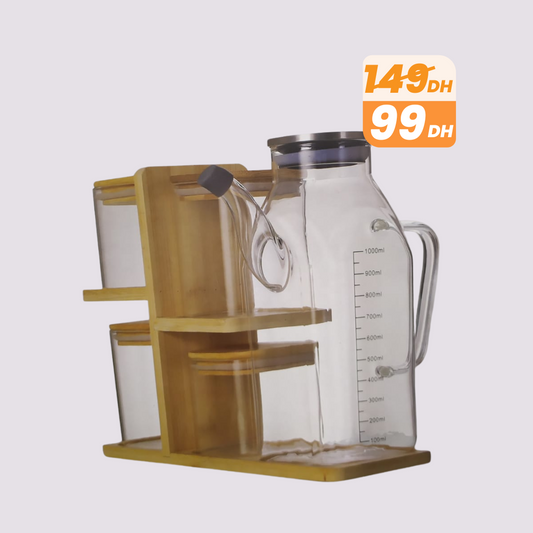 Set Bambou 4 Bocaux + Bouteille à Huile en Verre