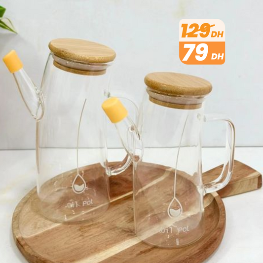 Set de 2 Huiliers en Verre avec Couvercles en Bois – 350 ml & 450 ml