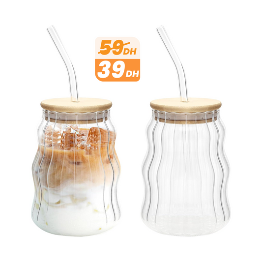 Verre Nervuré avec Couvercle & Paille 450ml